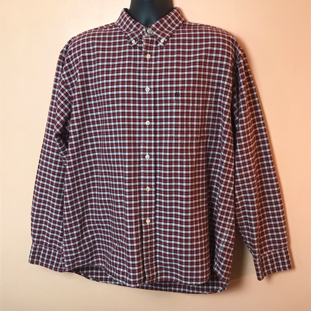 American Eagle Rugged Oxford Red Black White Gingham Long Sleeve Button Down XL
